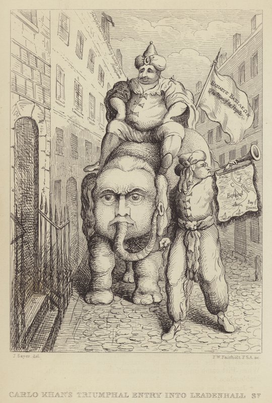 Carlo Khans Triumphal Entry into Leadenhall Street: satir över Whig-politikern Charles James Fox och hans ambitioner angående Indien av James Sayers