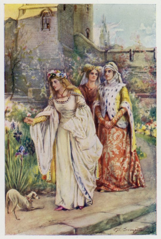 För där i trädgården gick den vackraste damen han någonsin sett, scen från The Kingis Quair av James Shaw Crompton