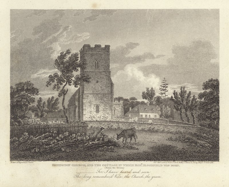 Robert Bloomfield, poet: Honington Church, and the Cottage där Robert Bloomfield föddes (gravyr) av James Storer