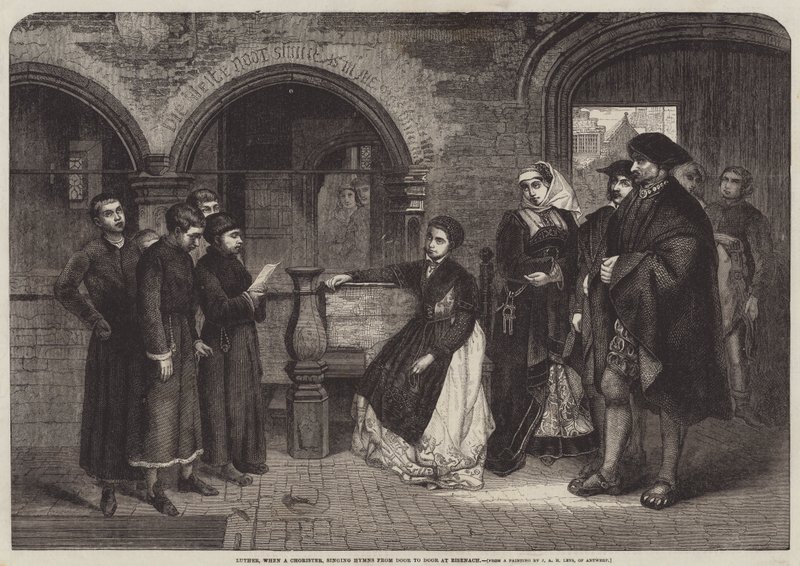 Luther, when a Chorister, singing Hymns from Door to Door at Eisenach  av Jan August Hendrik Leys