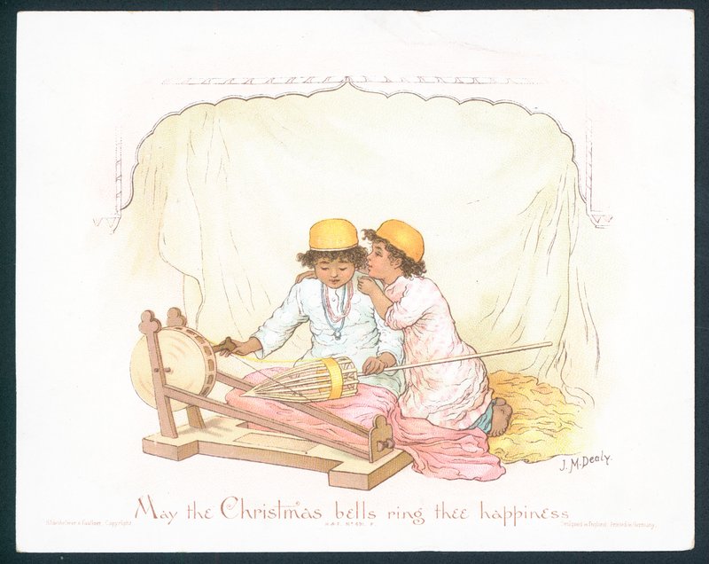 Viktorianskt julkort med två unga pojkar (chromolitho) av Jane M. Dealy