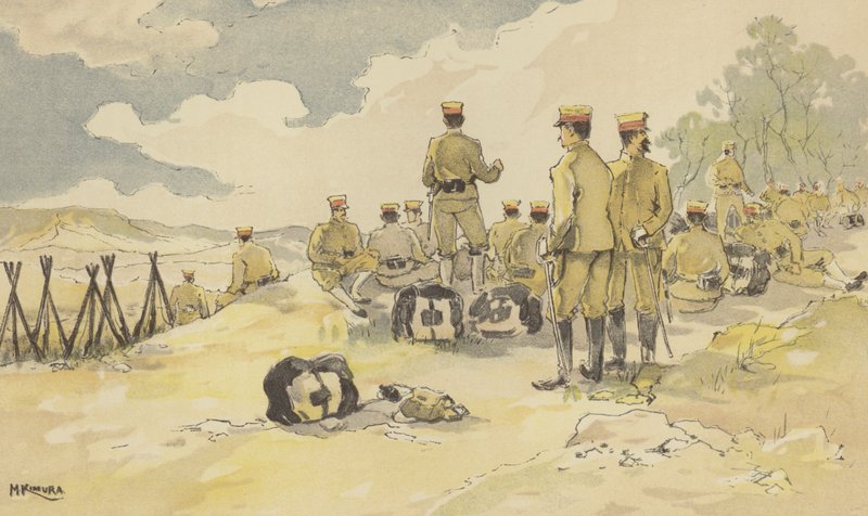 En bataljon av det kejserliga gardet stannar på väg till Liao-yang (chromolitho) av Japanese School