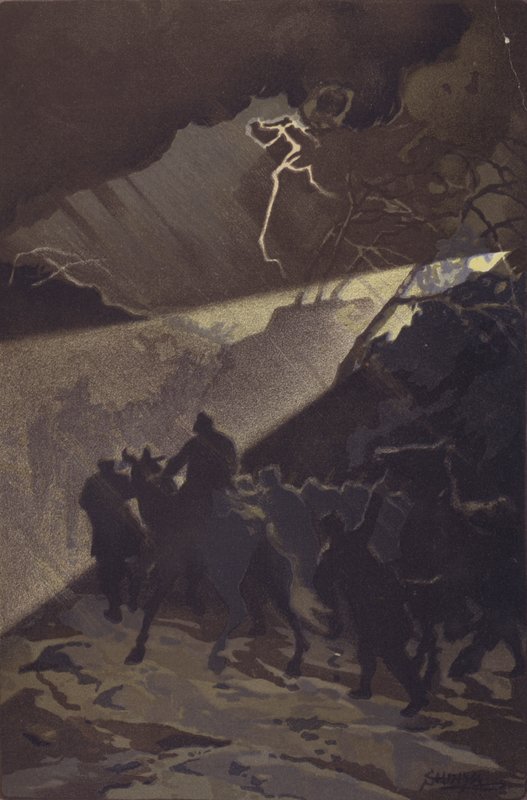 En marsch av de japanska trupperna i en stormig natt före generalattacken vid Nan-shan (chromolitho) av Japanese School