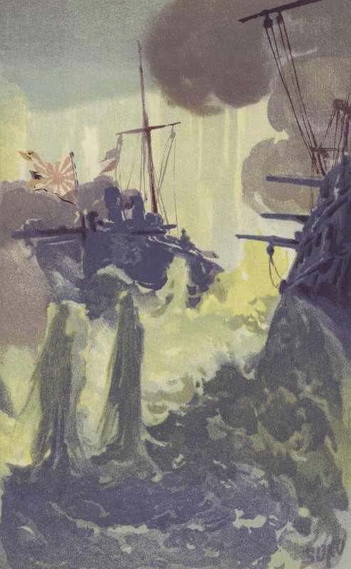 En nattattack av japanska torpedbåtsförstörare på den ryska skvadronen utanför Port Arthur (chromolitho) av Japanese School