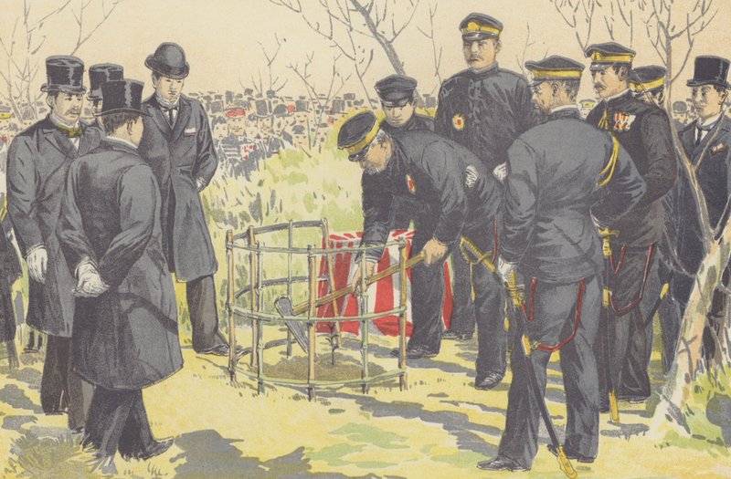 Amiral Togo planterar sig en lagerbär för souvenir av firandet av Port Arthurs fall (chromolitho) av Japanese School