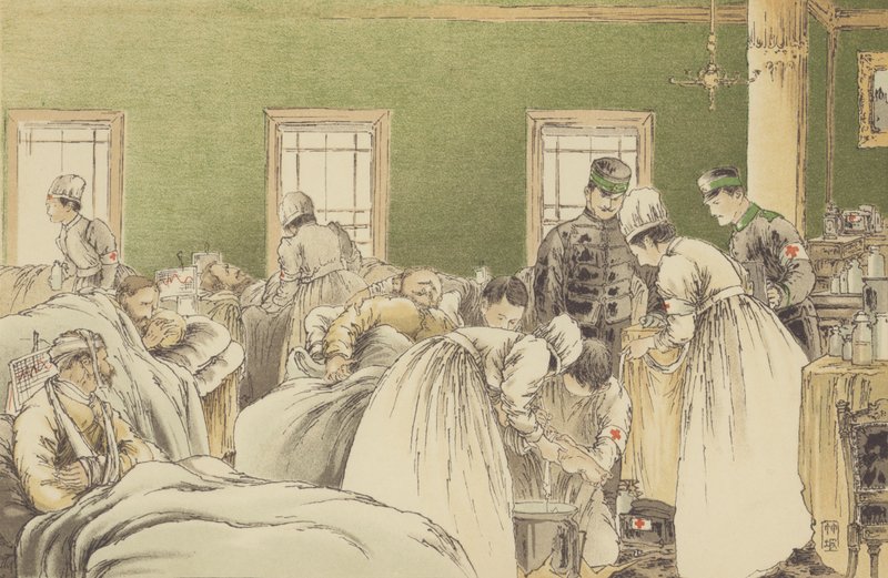 Att ta hand om de ryska sårade på det japanska rödakorssällskapets tillfälliga sjukhus i Chemulpo (chromolitho) av Japanese School