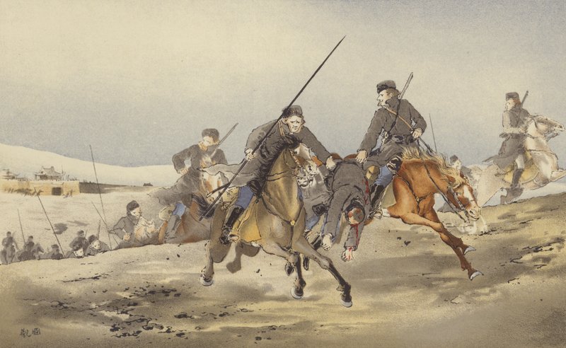 Kosacker springer iväg med en sårad (chromolitho) av Japanese School