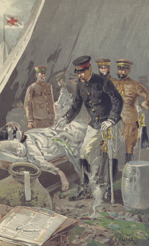 General Prince Fushimi tröstar en sårad soldat efter det häftiga slaget vid Nanshan (chromolitho) av Japanese School