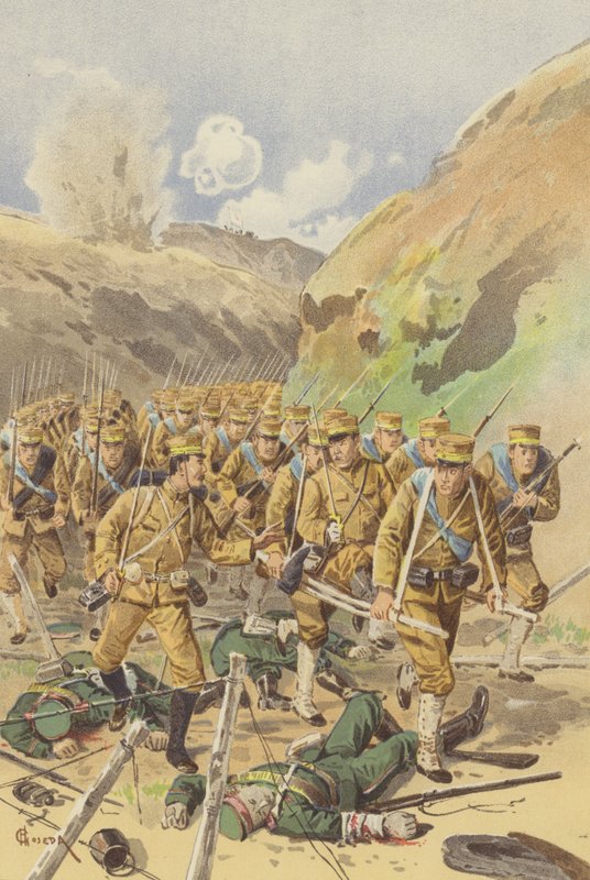 Löjtnant Takagi ber sin brigadchef om tillåtelse att avancera (chromolitho) av Japanese School