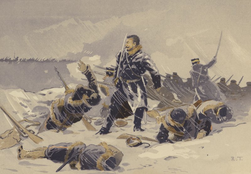 Slaget vid Hei-kou-tai i snön (chromolitho) av Japanese School