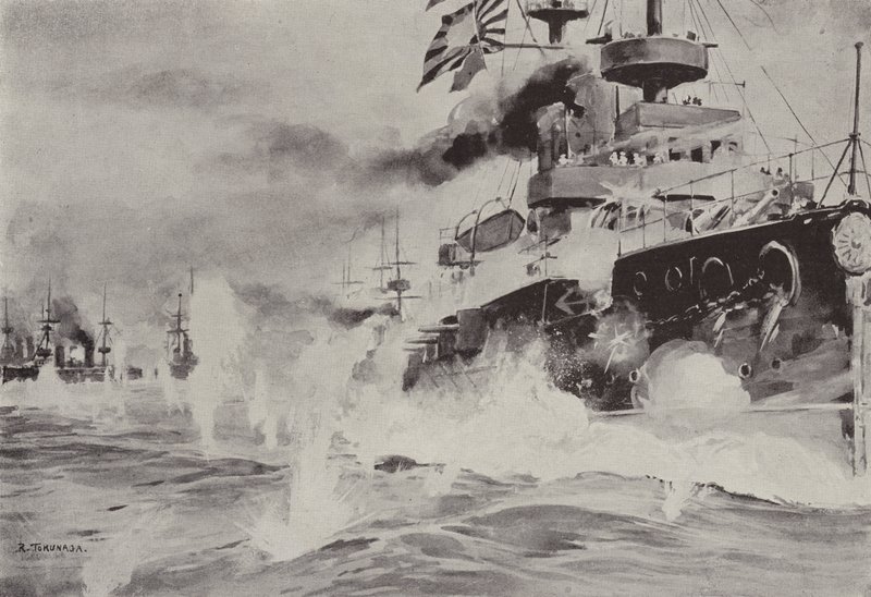 Mikasa kämpar modigt mot den ryska skvadronen utanför Port Arthur den 10 augusti (litho) av Japanese School