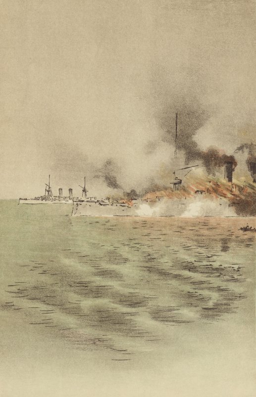 Varyag startade av hennes egen besättning för att förhindra fångst på Chemulpo (Chromolitho) av Japanese School