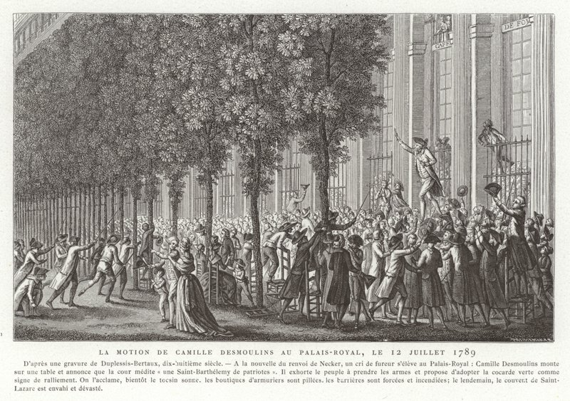 Camille Desmoulins utfärdar sitt upprop till vapen utanför Palais Royal, Paris, franska revolutionen, 12 juli 1789. av Jean Duplessis Bertaux