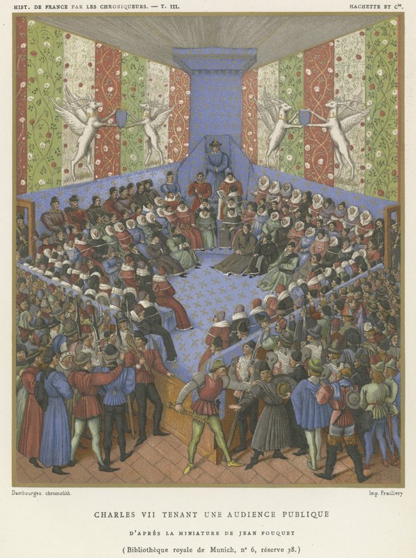 Charles VII håller en offentlig publik (chromolitho) av Jean Fouquet