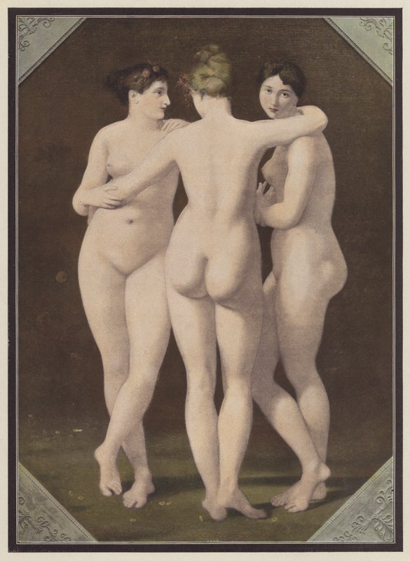 The Three Graces (färg litho) av Jean Baptiste (after) Regnault