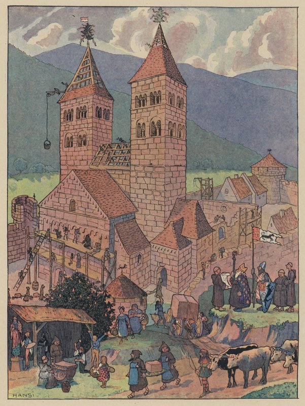 Byggandet av Murbach Abbey, nära Guebwiller, Alsace (färg litho) av Jean Jacques Waltz