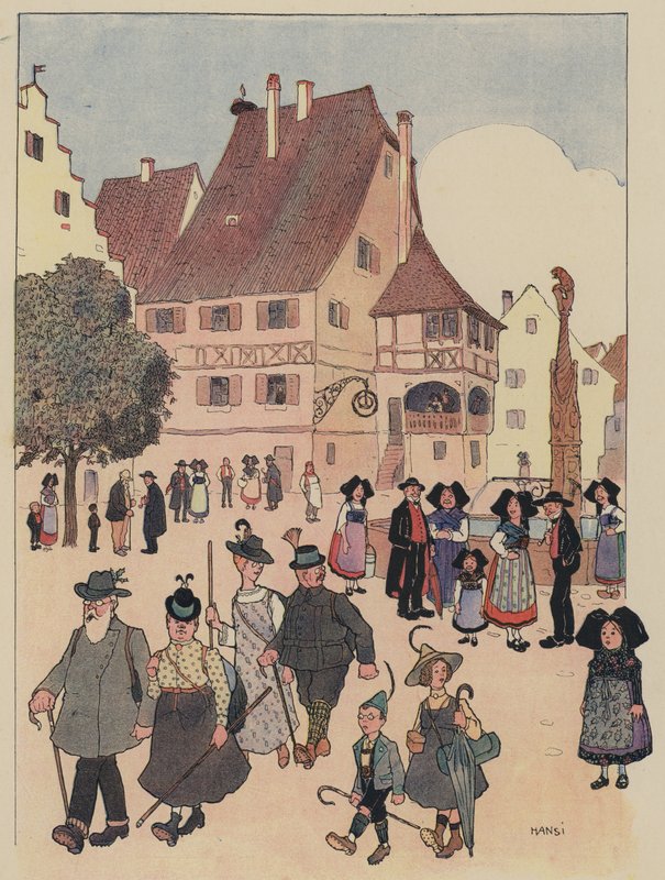 Tyska turister i en by i Alsace (färg litho) av Jean Jacques Waltz