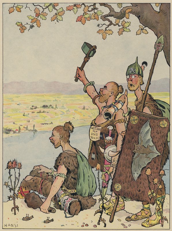 Tyskarna tittar mot Alsace från den bortre stranden av Rhen (färg litho) av Jean Jacques Waltz