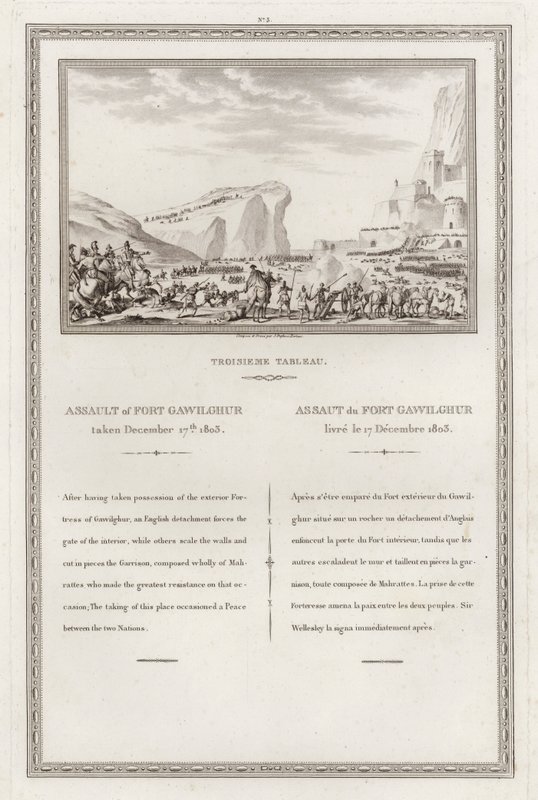 Infångande av fortet Gawilghur av britterna under befäl av Arthur Wellesley, andra Anglo-Marashtra kriget, Indien av Jean (after) Duplessi Bertaux