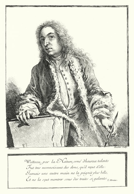 Självporträtt av den franske konstnären Antoine Watteau (gravyr) av Jean Antoine (after) Watteau