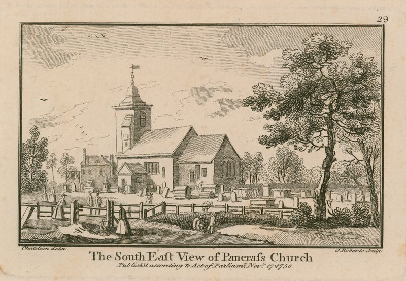 Den sydöstra utsikten över St Pancras Church, London av Jean Baptiste Claude Chatelain