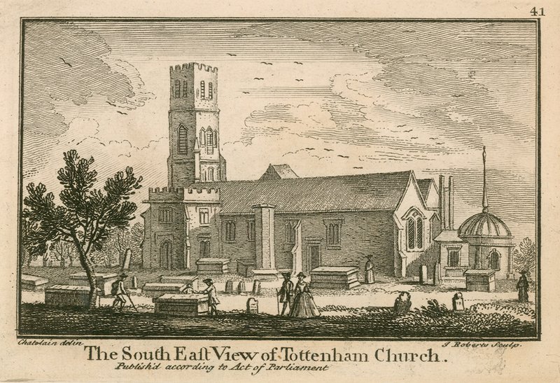 Den sydöstra utsikten över Tottenham Church, London av Jean Baptiste Claude Chatelain