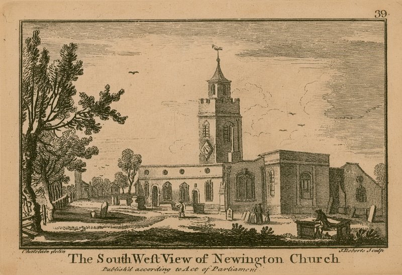 Den sydvästliga utsikten över Newington Church av Jean Baptiste Claude Chatelain