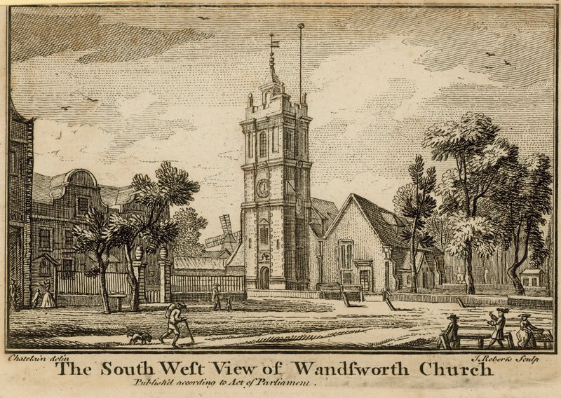 Den sydvästra vyn av Wandsworth Church av Jean Baptiste Claude Chatelain
