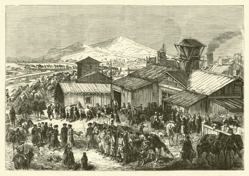 Rysk handelsstation i Kashgar (gravyr) av Jean Baptiste Henri Durand Brager