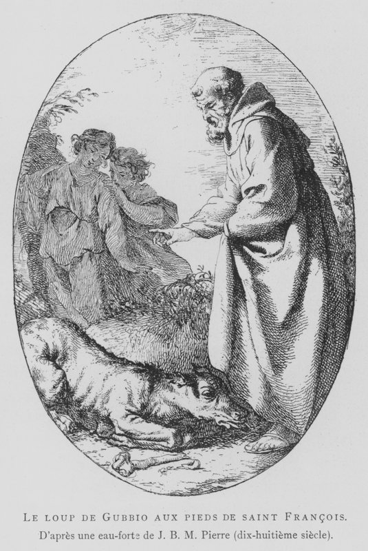 Vargen från Gubbio vid foten av den helige Franciskus av Assisi (litho) av Jean Baptiste Marie (after) Pierre