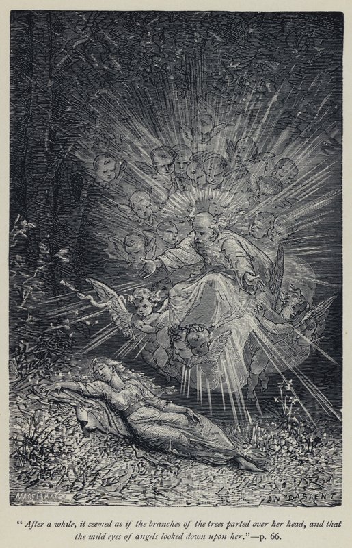 "Efter ett tag verkade det som om trädens grenar skildes åt över hennes huvud, och att änglars milda ögon såg ner på henne" (gravyr) av Jean Edouard Dargent
