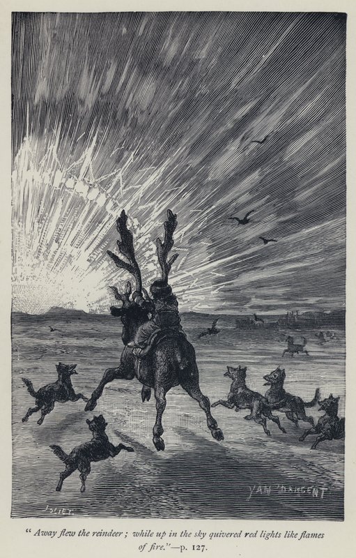 "Bort flög renarna, medan uppe på himlen darrade röda ljus som eldslågor" (gravyr) av Jean Edouard Dargent