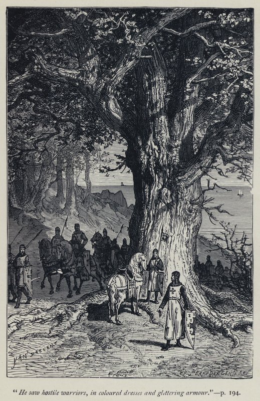 "Han såg fientliga krigare, i färgade klänningar och glittrande rustningar" (gravyr) av Jean Edouard Dargent