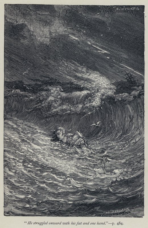 "Han kämpade vidare med fötterna och ena handen" (gravyr) av Jean Edouard Dargent