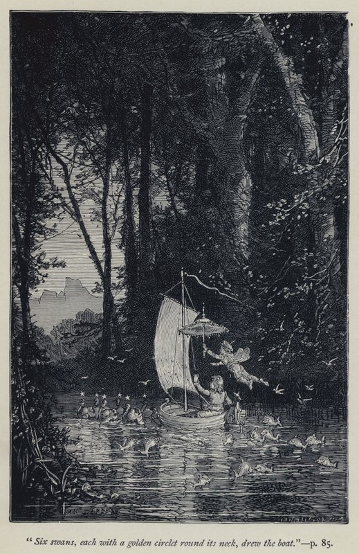"Sex svanar, var och en med en gyllene cirkel runt halsen, ritade båten" (gravyr) av Jean Edouard Dargent