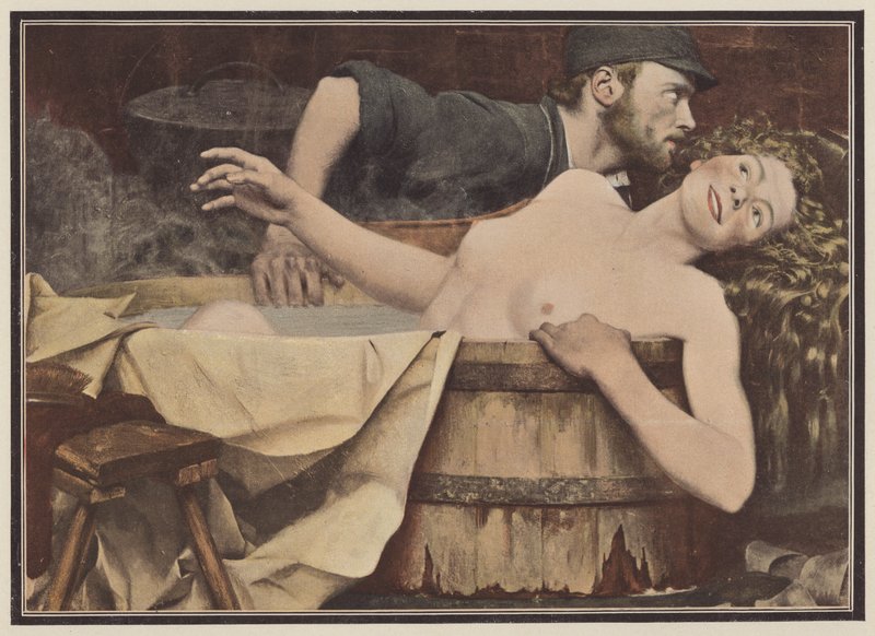 Efter tvätt, kvinna i ett badkar (färg litho) av Jean Eugene Buland