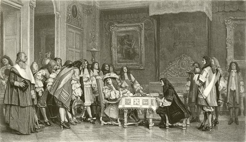 Moliere vid frukost med Louis XIV (gravyr) av Jean Leon Gerome