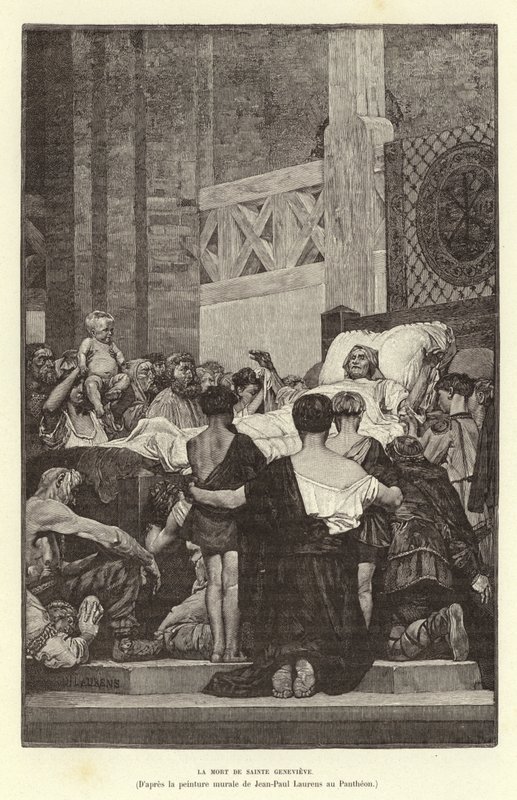 La Mort de Sainte Genevieve. St Genevieves död, c512 (gravyr) av Jean Louis Hamon
