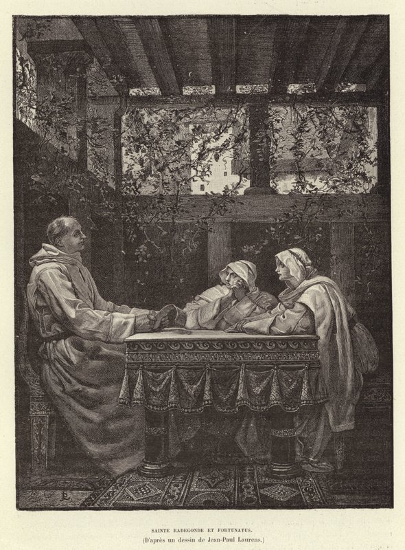 Sainte Radegonde och Fortunatus St Radegund och poeten Venentius Fortunatus, 600-talet (gravyr) av Jean Louis Hamon