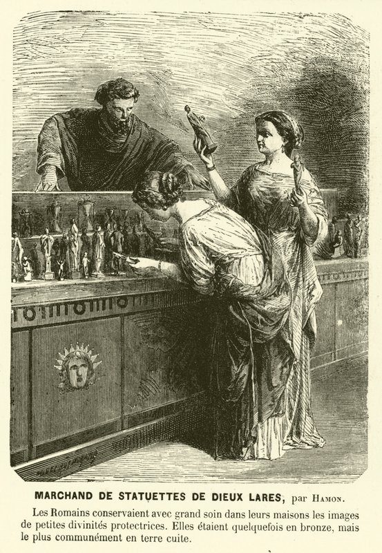 Säljare av statyetter av Lares, antika romerska skyddsgudar (gravyr) av Jean Louis Hamon