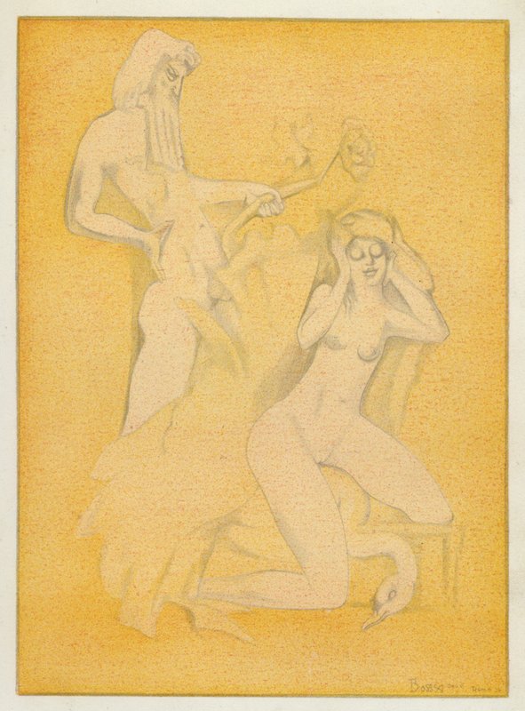Ovidius kärleksböcker: Den sköna Leda, som den gudomlige äktenskapsbrytaren förförde (färglitografi) av Jean de Bosschere