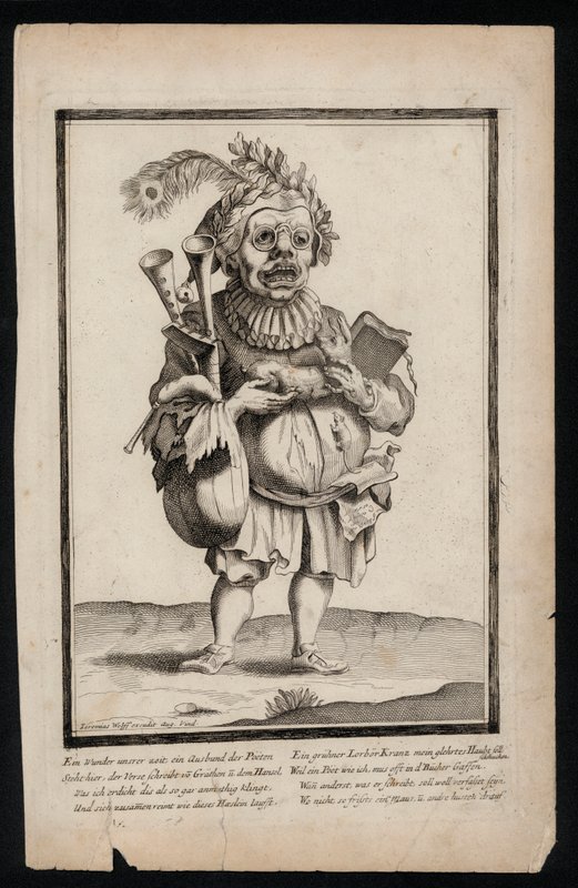 Man bär en uppsättning säckpipor och bär en påfågelfjäderhuvudbonad, surrealistiskt dräkttryck, c1700 (gravyr) av Jeremias Wolff