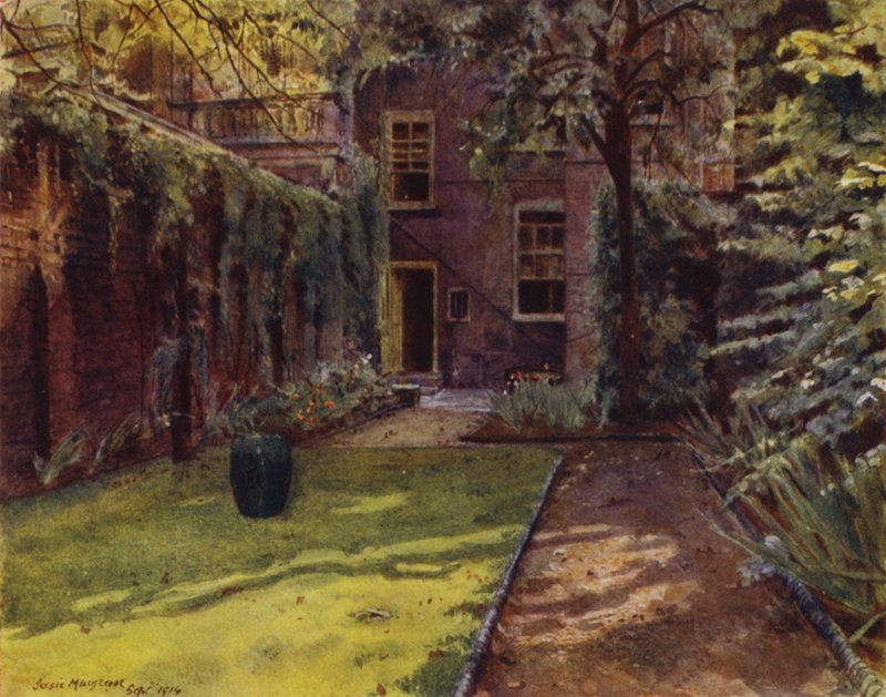 Carlyle House, utsikt över trädgården och huset (färg litho) av Jessie MacGregor