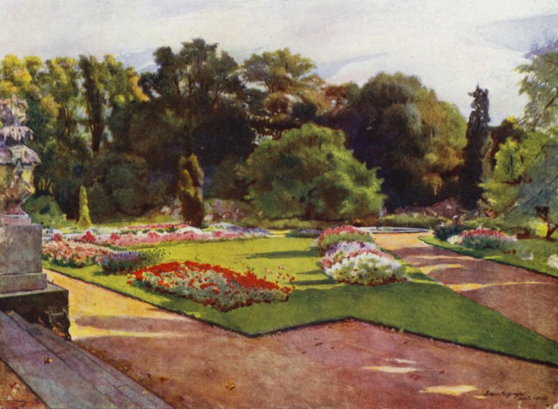 Sion, ser mot Parterres och fontän (färg litho) av Jessie MacGregor