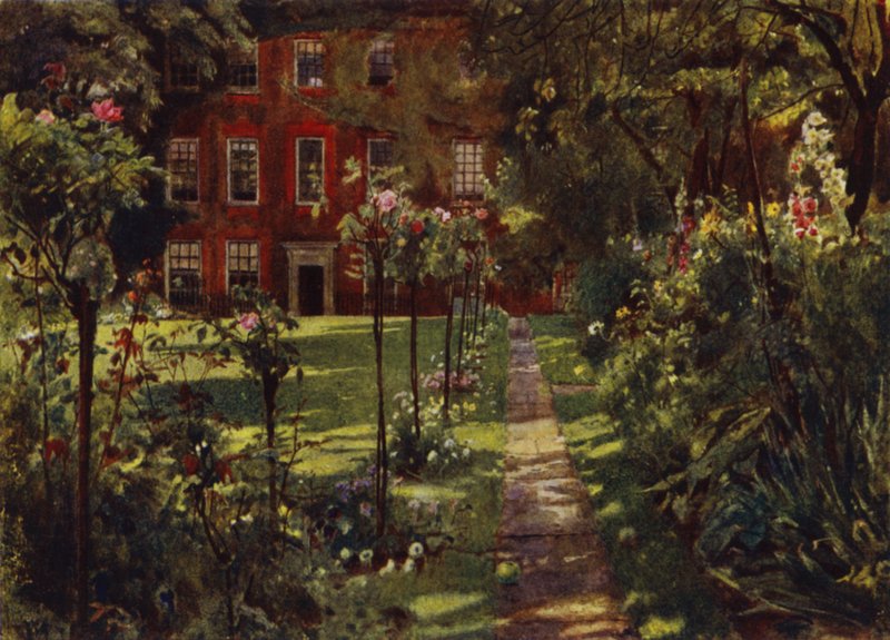 Walpole House, utsikt över hus och trädgård (färg litho) av Jessie MacGregor