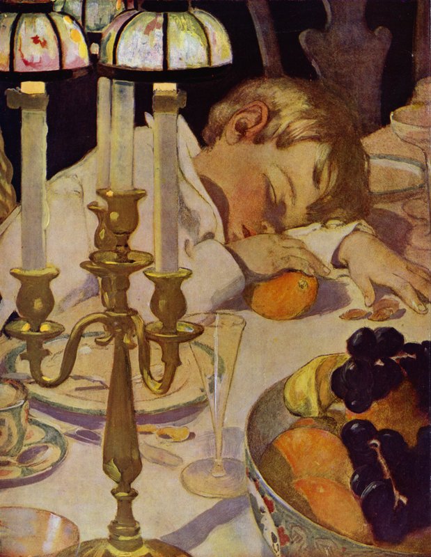 Robin lade ner huvudet på armen och slöt ögonen (färg litho) av Jessie Willcox Smith