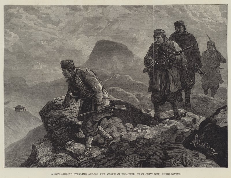 Montenegriner som stjäl över den österrikiska gränsen, nära Crivoscie, Hercegovina. av Johann Nepomuk Schonberg