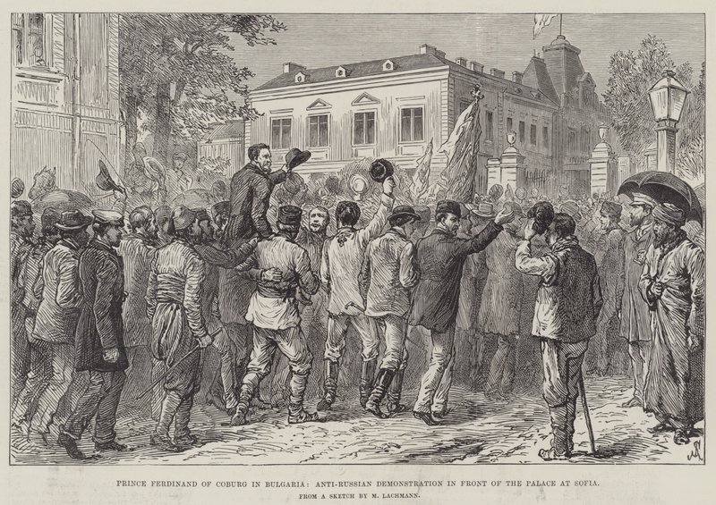 Prins Ferdinand av Coburg i Bulgarien, anti-rysk demonstration framför slottet i Sofia av Johann Nepomuk Schonberg