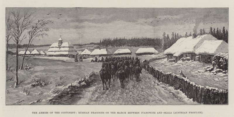 Kontinentens arméer, ryska dragoner på marschen mellan Ivanowitz och Skala (österrikiska gränsen) av Johann Nepomuk Schonberg