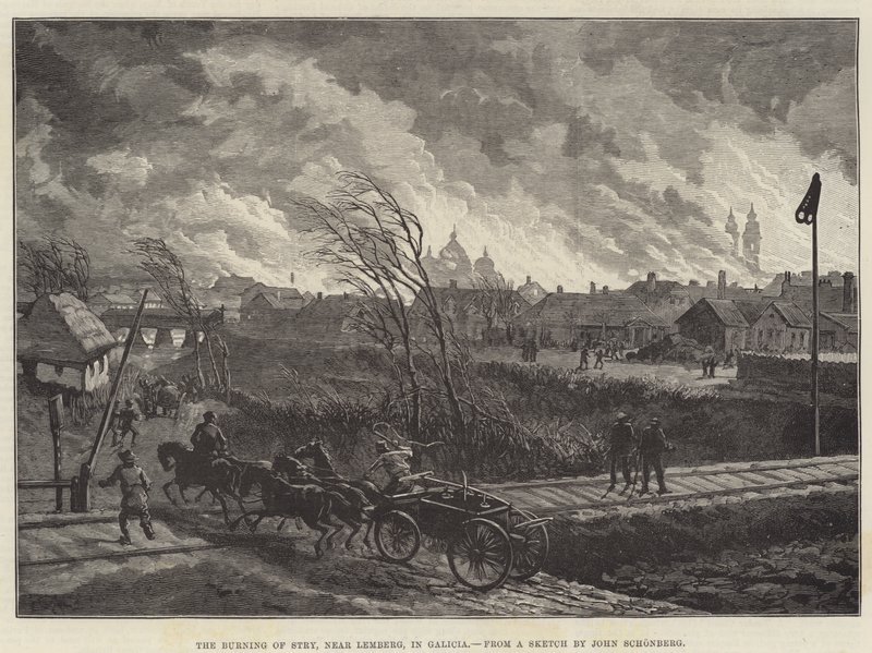 Bränningen av Stry, nära Lemberg, i Galicien av Johann Nepomuk Schonberg